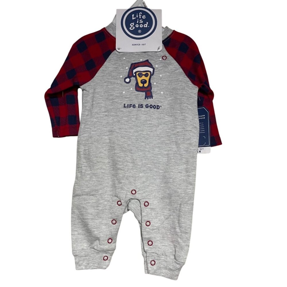 Life Is Good Infant Romper & Hat 2 Piece Set Infants 0/3M Red Buffalo Plaid